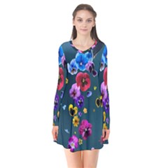 Falling Flowers, Art, Coffee Cup Long Sleeve V-neck Flare Dress by kyorashop23