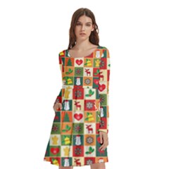 Template Christmas Pattern Long Sleeve Knee Length Skater Dress With Pockets by Proyonanggan
