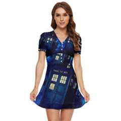Tardis Doctor Who Space Galaxy V-neck High Waist Chiffon Mini Dress by Cemarart