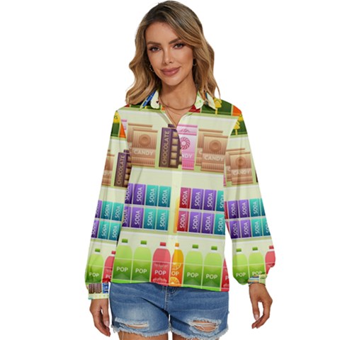 Supermarket Shelf Products Snacks Women s Long Sleeve Button Up Shirt by Cemarart
