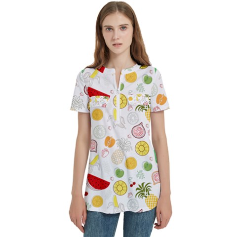 Pattern Seamless Texture Fruit Women s Zip Front V-neck Short Sleeve Casual Top Pocket Shirt by Sabxi