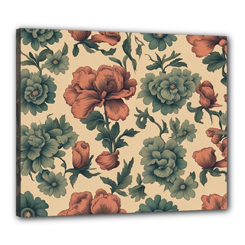 Victorian Beige And Teal Flower Pattern Canvas 24  X 20  (stretched) by violetheavensky