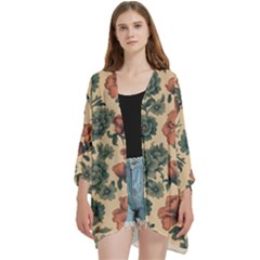 Victorian Beige And Teal Flower Pattern Open Front 3/4 Sleeve Batwing Chiffon Cardigan Kimono by violetheavensky