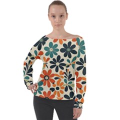 Retro Scandinavian Nordic Flowers Pattern 2 Off Shoulder Long Sleeve Velour Top by violetheavensky