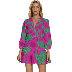 Mid Century Retro Floral 1970s 1960s Pattern 97 V-neck Placket Mini Dress by violetheavensky