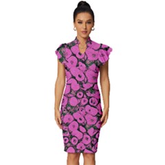 Mid Century Retro Floral 1970s 1960s Pattern 100 Vintage Frill Sleeve V-neck Bodycon Dress by violetheavensky