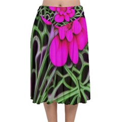 Mid Century Retro Floral 1970s 1960s Pattern 99 Velvet Flared Midi Skirt by violetheavensky