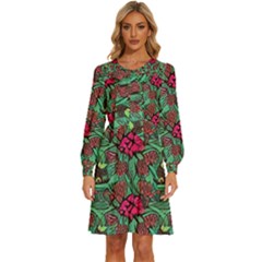 Retro 1880s Flowers Pattern 3 Women s Round Neck Long Sleeve Bow Deco Dress by violetheavensky