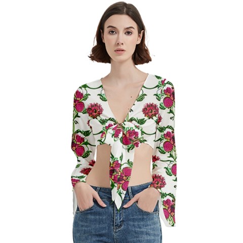 Retro 1880s Flowers Pattern 2 Trumpet Sleeve Cropped Top by violetheavensky