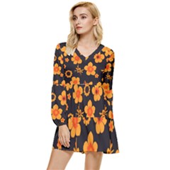 Retro 40s 50s Flowers Pattern Halloween Tiered Long Sleeve Mini Dress by violetheavensky