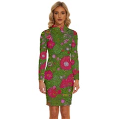 Mid Century Retro Floral 1970s 1960s Pattern 88 Long Sleeve Shirt Collar Bodycon Dress by violetheavensky