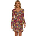 Mid Century Retro Floral 1970s 1960s Pattern 90 Long Sleeve Waist Tie Ruffle Velvet Dress View1