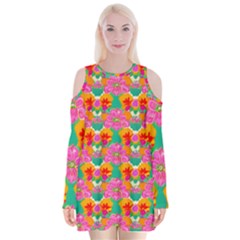 Retro 40s 50s Mexico Flowers Pattern Velvet Long Sleeve Shoulder Cutout Dress by violetheavensky