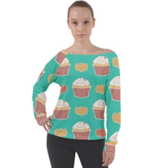 Retro 40s 50s Cupcake Pattern 3 Off Shoulder Long Sleeve Velour Top by violetheavensky