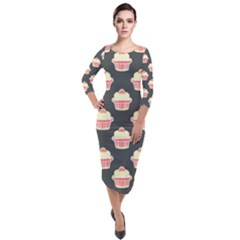 Retro 40s 50s Cupcake Pattern 4 Quarter Sleeve Midi Velour Bodycon Dress by violetheavensky