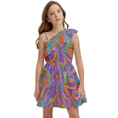 Mid Century Retro Floral 1970s 1960s Pattern 75 Kids  One Shoulder Party Dress by violetheavensky