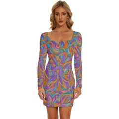 Mid Century Retro Floral 1970s 1960s Pattern 75 Long Sleeve Square Neck Bodycon Velvet Dress by violetheavensky