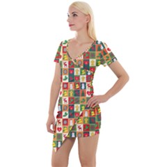 Template Christmas Pattern Short Sleeve Asymmetric Mini Dress by Proyonanggan
