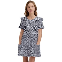 Black White Leopard Kids  Frilly Sleeves Pocket Dress by DinkovaArt