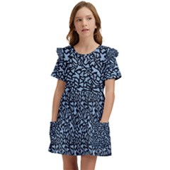Blue Giraffe Pattern Kids  Frilly Sleeves Pocket Dress by DinkovaArt