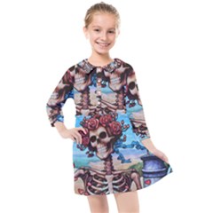 Grateful Dead Hippie Peace Roses Rock Music Legend Kids  Quarter Sleeve Shirt Dress by Tsamara