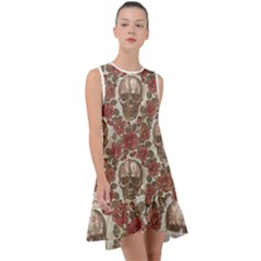 Skull And Roses Flowee Flora Floral Patterns Pattern Frill Swing Dress by Tsamara