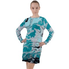 Fluid Turquoise Long Sleeve Hoodie Dress by DinkovaArt