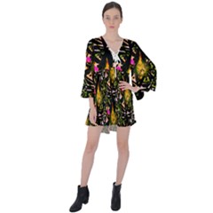 Abstract Print V-neck Flare Sleeve Mini Dress by fashionfr3ak