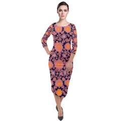Mid Century Retro Floral 1970s 1960s Pattern 74 Quarter Sleeve Midi Velour Bodycon Dress by violetheavensky