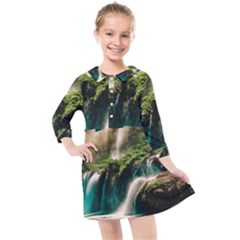 Waterfall Rocks Jungle Forest Kids  Quarter Sleeve Shirt Dress by Anend