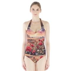 Roses Flower Field Sunset Nature Halter Swimsuit by Anend