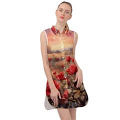 Roses Flower Field Sunset Nature Sleeveless Shirt Dress by Anend