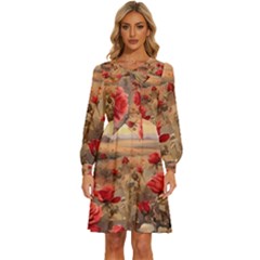 Roses Flower Field Sunset Nature Women s Round Neck Long Sleeve Bow Deco Dress by Anend