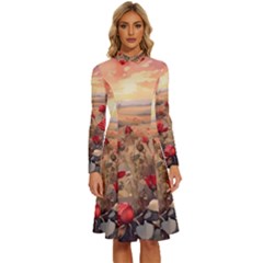 Roses Flower Field Sunset Nature Long Sleeve Shirt Collar A-line Dress by Anend
