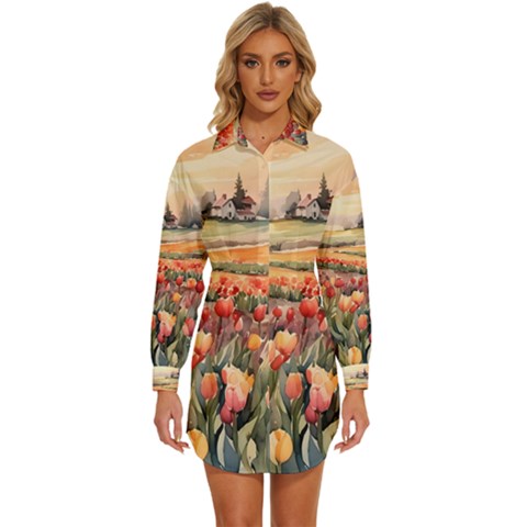 Tulips Field Tree Womens Long Sleeve Shirt Dress by Anend