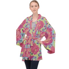 Mid Century Retro Floral 1970s 1960s Pattern 82 Long Sleeve Velvet Kimono  by violetheavensky