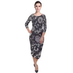 Mid Century Retro Floral 1970s 1960s Pattern 71 Quarter Sleeve Midi Velour Bodycon Dress by violetheavensky