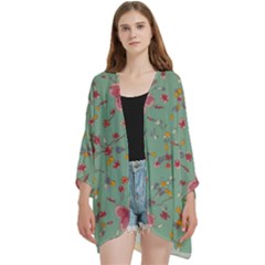 Mid Century Retro Floral 1970s 1960s Pattern 79 Open Front 3/4 Sleeve Batwing Chiffon Cardigan Kimono by violetheavensky