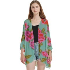 Mid Century Retro Floral 1970s 1960s Pattern 81 Open Front 3/4 Sleeve Batwing Chiffon Cardigan Kimono by violetheavensky
