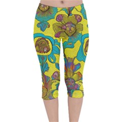 Mid Century Retro Floral 1970s 1960s Pattern 60 Velvet Capri Leggings  by violetheavensky
