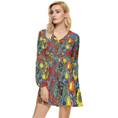 Mid Century Retro Floral 1970s 1960s Pattern 56 Tiered Long Sleeve Mini Dress by violetheavensky