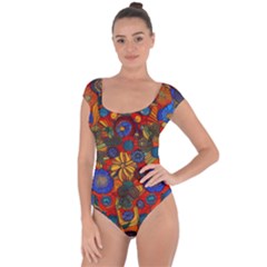 Mid Century Retro Floral 1970s 1960s Pattern 69 Short Sleeve Leotard  by violetheavensky
