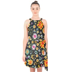 Mid Century Retro Floral 1970s 1960s Pattern 57 Halter Collar Waist Tie Chiffon Dress by violetheavensky