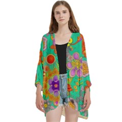 Mid Century Retro Floral 1970s 1960s Pattern 58 Open Front 3/4 Sleeve Batwing Chiffon Cardigan Kimono by violetheavensky