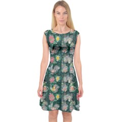 Mid Century Retro Floral 1970s 1960s Pattern 62 Capsleeve Midi Dress by violetheavensky