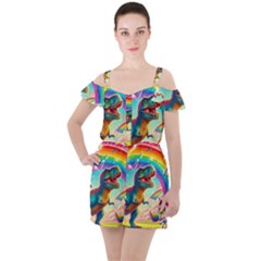 T-rex And Unicorns Ruffle Cut Out Chiffon Playsuit by RainbowTyrannosaurus