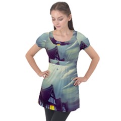 Village Moon Cloudy Historical Tudor Architecture Houses Town Night Windows City Puff Sleeve Tunic Top by Posterlux