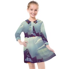 Village Moon Cloudy Historical Tudor Architecture Houses Town Night Windows City Kids  Quarter Sleeve Shirt Dress by Posterlux