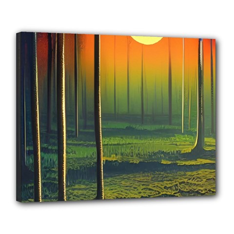 Outdoors Night Moon Full Moon Trees Setting Scene Forest Woods Light Moonlight Nature Wilderness Lan Canvas 20  X 16  (stretched) by Posterlux