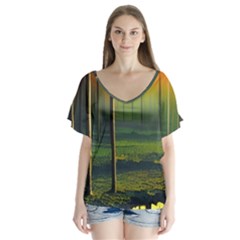 Outdoors Night Moon Full Moon Trees Setting Scene Forest Woods Light Moonlight Nature Wilderness Lan V-neck Flutter Sleeve Top by Posterlux